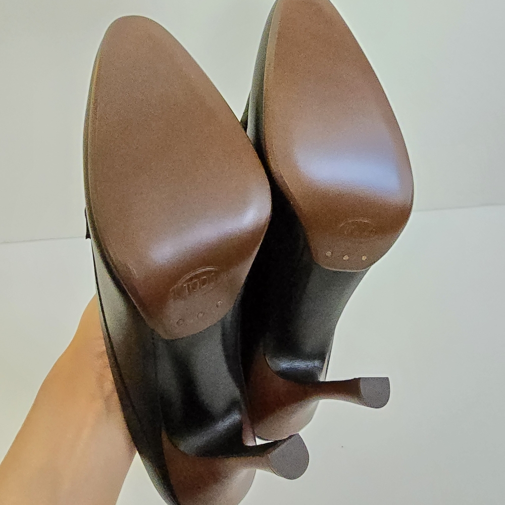 Tod's Leather Mocassin Pointed Toe High Heel Mules Size 39.5 Black - Picture 9 of 10